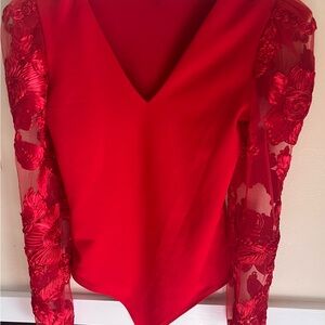 Express Red Asymmetrical Lace Bodysuit